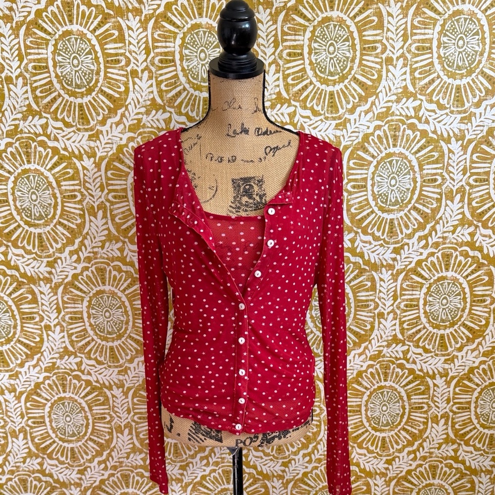 Free People Twosie For One Mesh Top Set in Berry Combo Polka Dot/Star Print Sz L - Picture 5 of 10